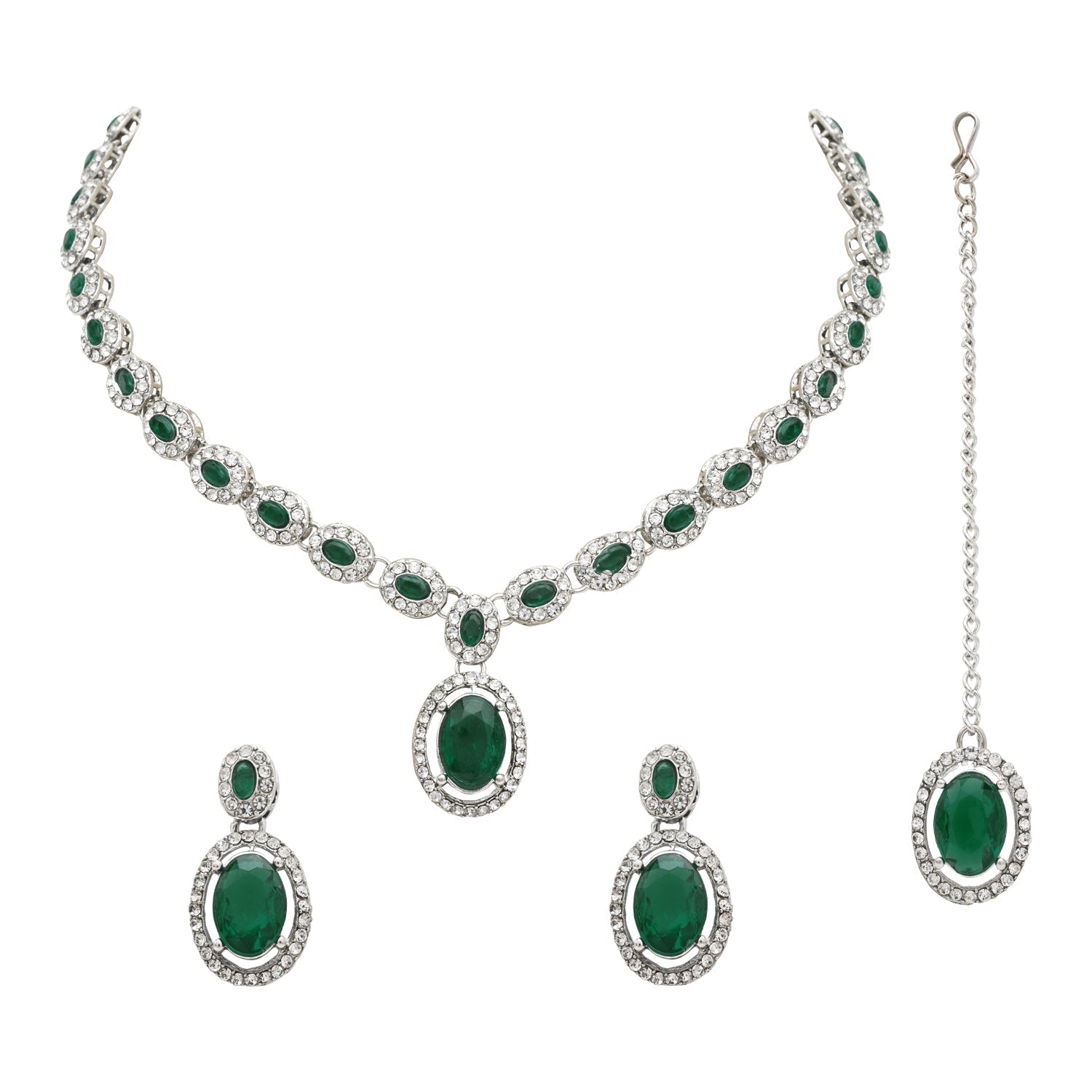 Etnico Silver Plated Stylish Design Crystal Diamond Necklace With Earrings & Maang Tikka Jewellery Set for Women (IJ400ZG)
