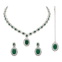 Etnico Silver Plated Stylish Design Crystal Diamond Necklace With Earrings & Maang Tikka Jewellery Set for Women (IJ400ZG)