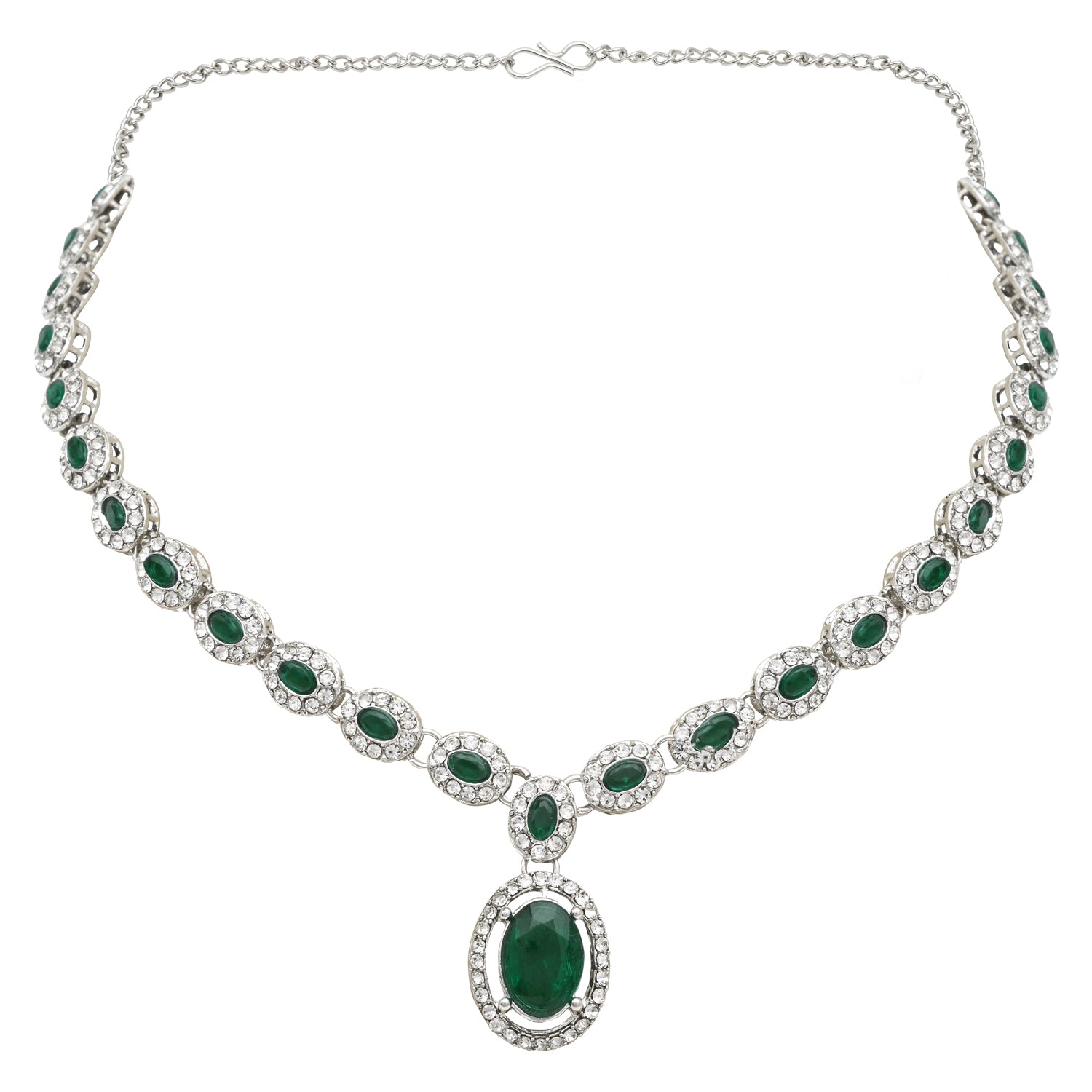 Etnico Silver Plated Stylish Design Crystal Diamond Necklace With Earrings & Maang Tikka Jewellery Set for Women (IJ400ZG)