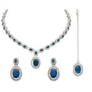 Etnico Silver Plated Stylish Design Crystal Diamond Necklace With Earrings & Maang Tikka Jewellery Set for Women (Silver Montana)