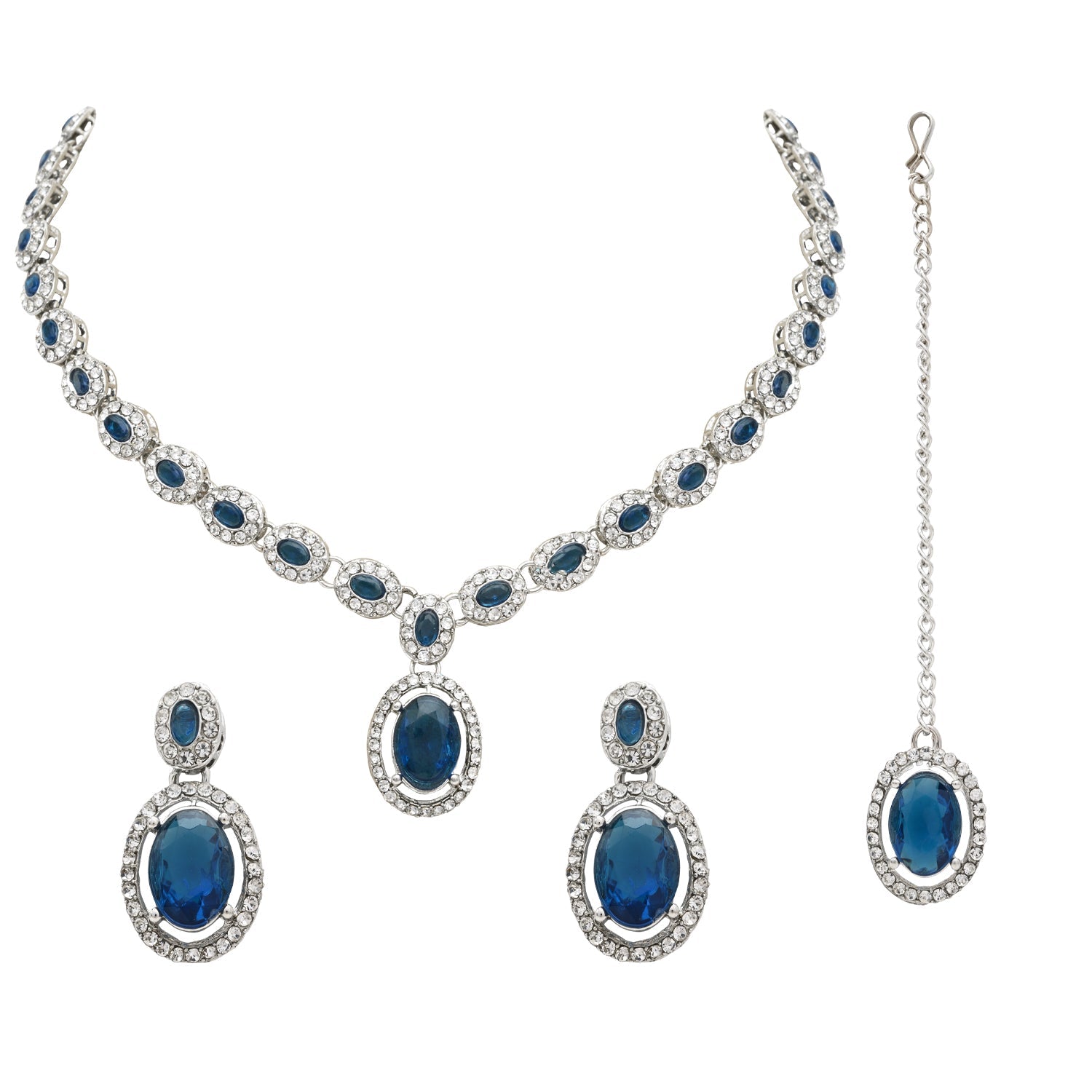 Etnico Silver Plated Stylish Design Crystal Diamond Necklace With Earrings & Maang Tikka Jewellery Set for Women (Silver Montana)