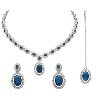 Etnico Silver Plated Stylish Design Crystal Diamond Necklace With Earrings & Maang Tikka Jewellery Set for Women (Silver Montana)
