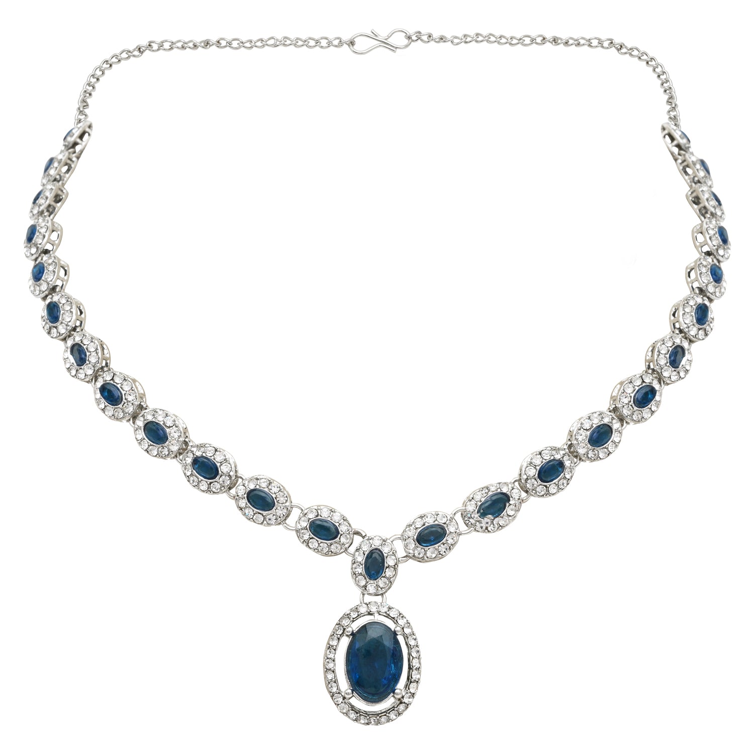 Etnico Silver Plated Stylish Design Crystal Diamond Necklace With Earrings & Maang Tikka Jewellery Set for Women (Silver Montana)