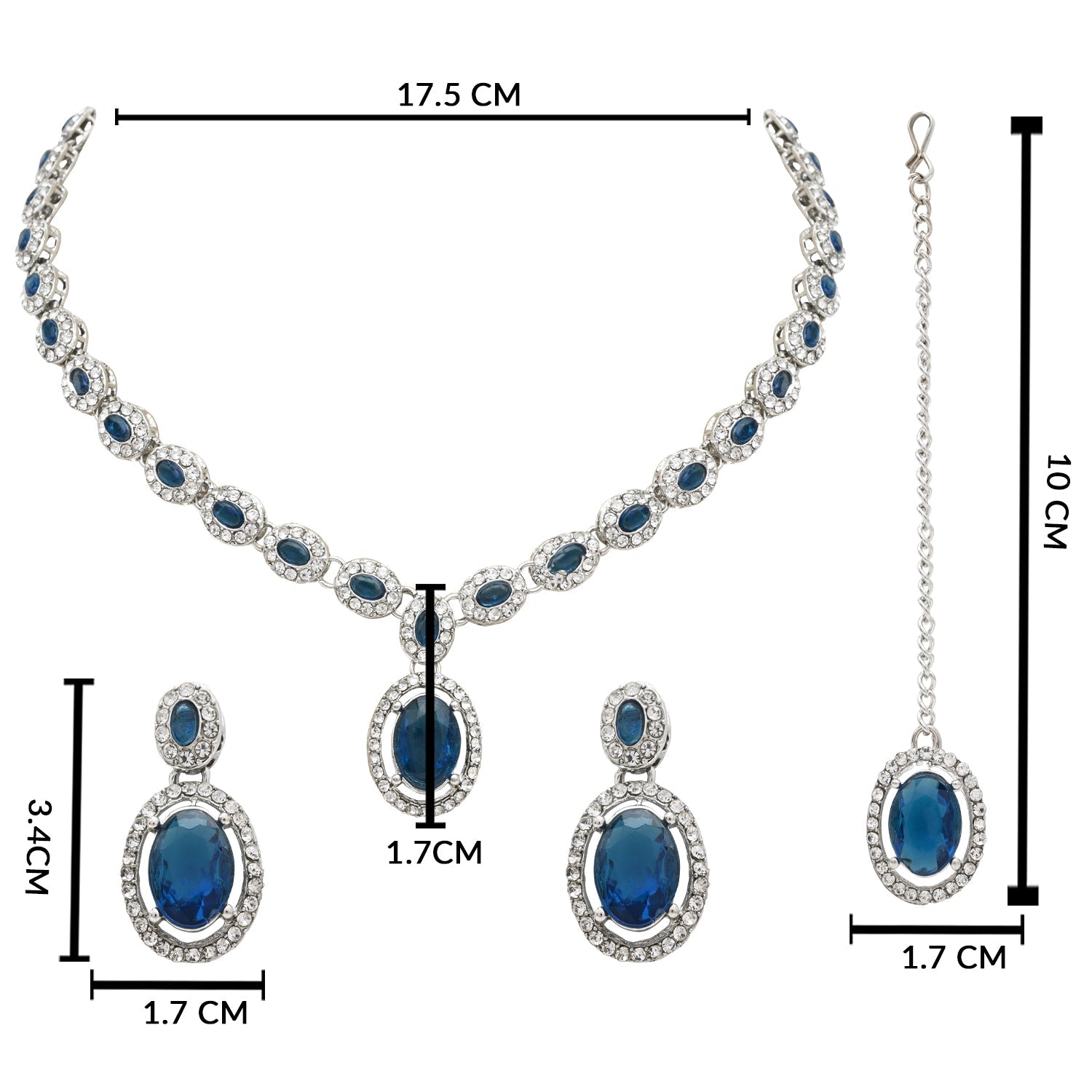 Etnico Silver Plated Stylish Design Crystal Diamond Necklace With Earrings & Maang Tikka Jewellery Set for Women (Silver Montana)