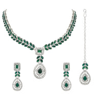 Etnico Silver Plated Stylish Design Crystal Diamond Necklace With Earrings & Maang Tikka Jewellery Set for Women (IJ402ZG)