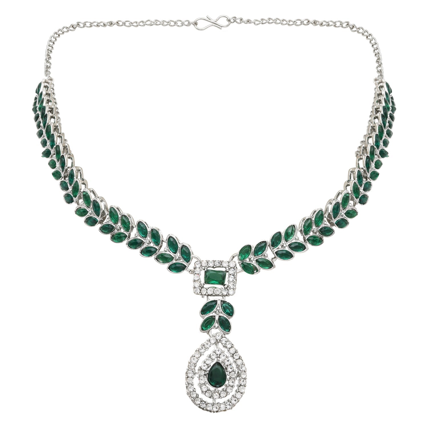 Etnico Silver Plated Stylish Design Crystal Diamond Necklace With Earrings & Maang Tikka Jewellery Set for Women (IJ402ZG)