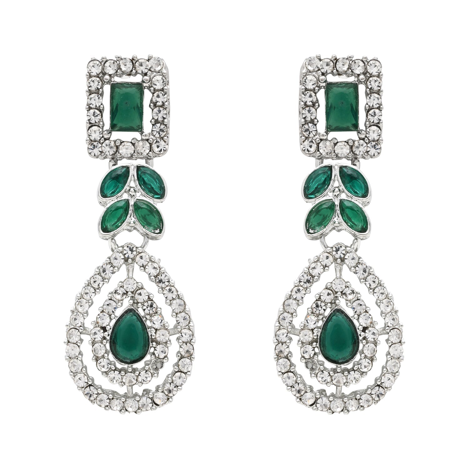 Etnico Silver Plated Stylish Design Crystal Diamond Necklace With Earrings & Maang Tikka Jewellery Set for Women (IJ402ZG)