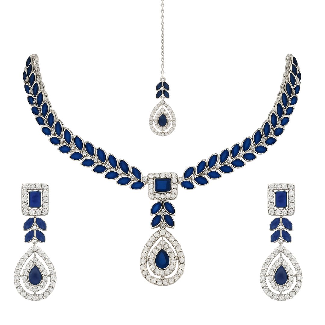 Etnico Silver Plated Elegant Leaf Motif Necklace Set with Earrings & Maang Tika for Women (IJ402ZMo)