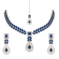 Etnico Silver Plated Elegant Leaf Motif Necklace Set with Earrings & Maang Tika for Women (IJ402ZMo)