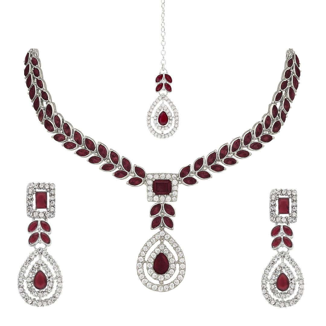 Etnico Silver Plated Elegant Leaf Motif Necklace Set with Earrings & Maang Tika for Women (IJ402ZWi)