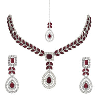 Etnico Silver Plated Elegant Leaf Motif Necklace Set with Earrings & Maang Tika for Women (IJ402ZWi)