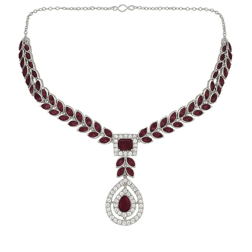 Etnico Silver Plated Elegant Leaf Motif Necklace Set with Earrings & Maang Tika for Women (IJ402ZWi)