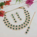 Etnico Gold Plated Stylish Design Crystal Diamond Multi Layer Necklace With Earrings & Maang Tikka Jewellery Set for Women (Green)