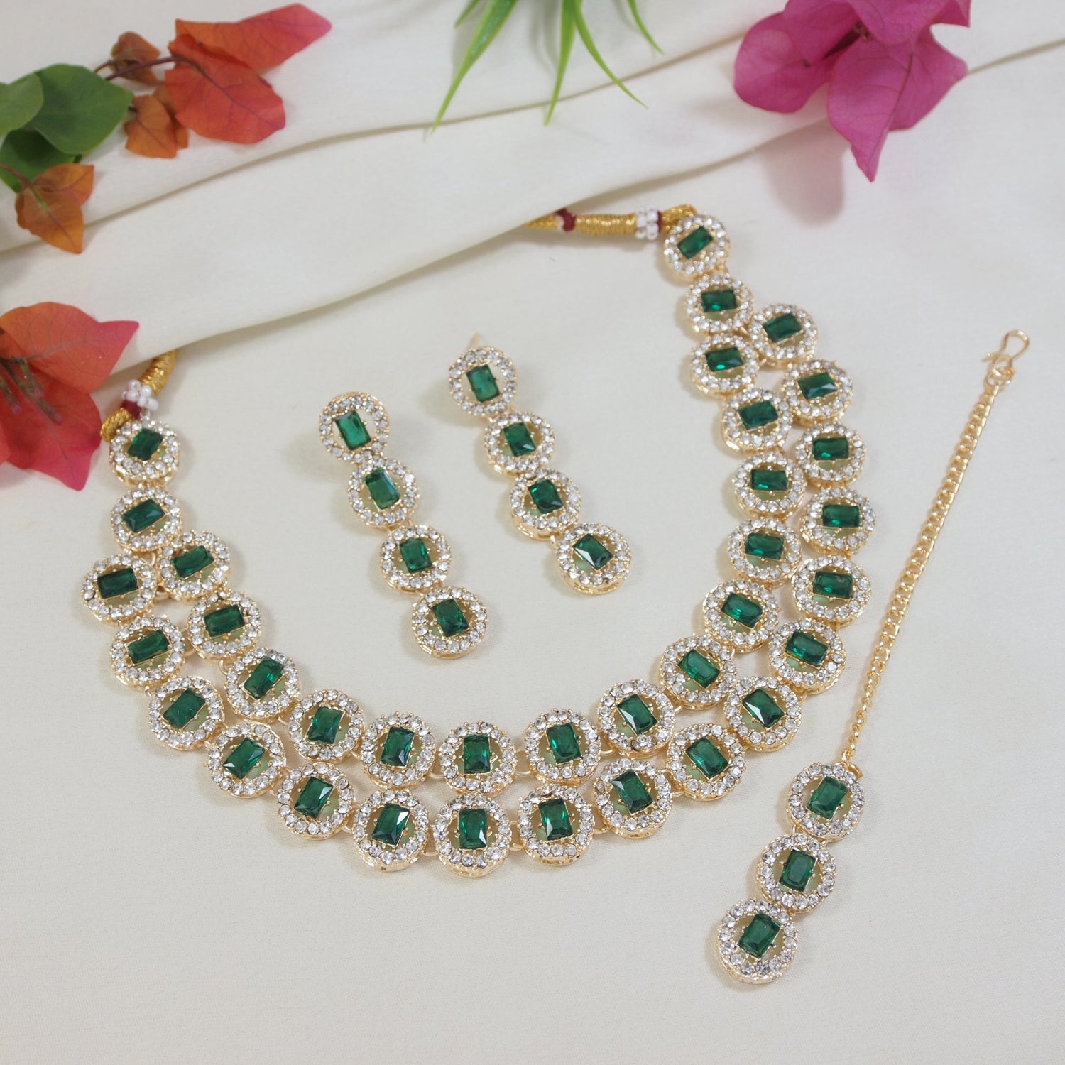 Etnico Gold Plated Stylish Design Crystal Diamond Multi Layer Necklace With Earrings & Maang Tikka Jewellery Set for Women (Green)