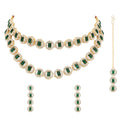 Etnico Gold Plated Stylish Design Crystal Diamond Multi Layer Necklace With Earrings & Maang Tikka Jewellery Set for Women (Green)