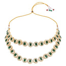 Etnico Gold Plated Stylish Design Crystal Diamond Multi Layer Necklace With Earrings & Maang Tikka Jewellery Set for Women (Green)
