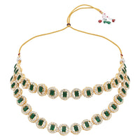 Etnico Gold Plated Stylish Design Crystal Diamond Multi Layer Necklace With Earrings & Maang Tikka Jewellery Set for Women (Green)