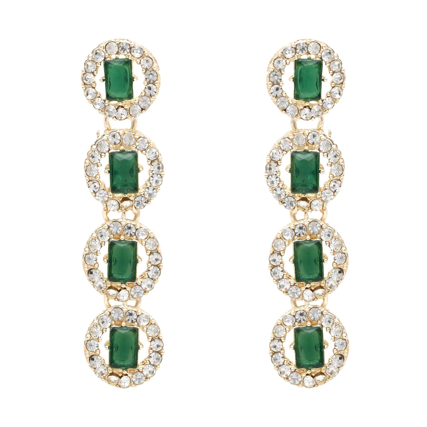 Etnico Gold Plated Stylish Design Crystal Diamond Multi Layer Necklace With Earrings & Maang Tikka Jewellery Set for Women (Green)
