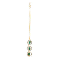 Etnico Gold Plated Stylish Design Crystal Diamond Multi Layer Necklace With Earrings & Maang Tikka Jewellery Set for Women (Green)