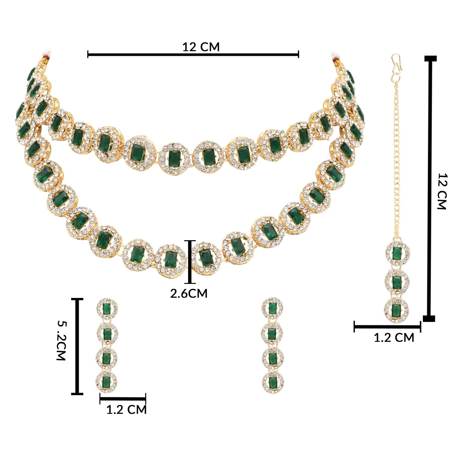 Etnico Gold Plated Stylish Design Crystal Diamond Multi Layer Necklace With Earrings & Maang Tikka Jewellery Set for Women (Green)