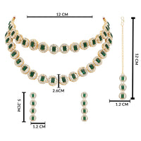 Etnico Gold Plated Stylish Design Crystal Diamond Multi Layer Necklace With Earrings & Maang Tikka Jewellery Set for Women (Green)