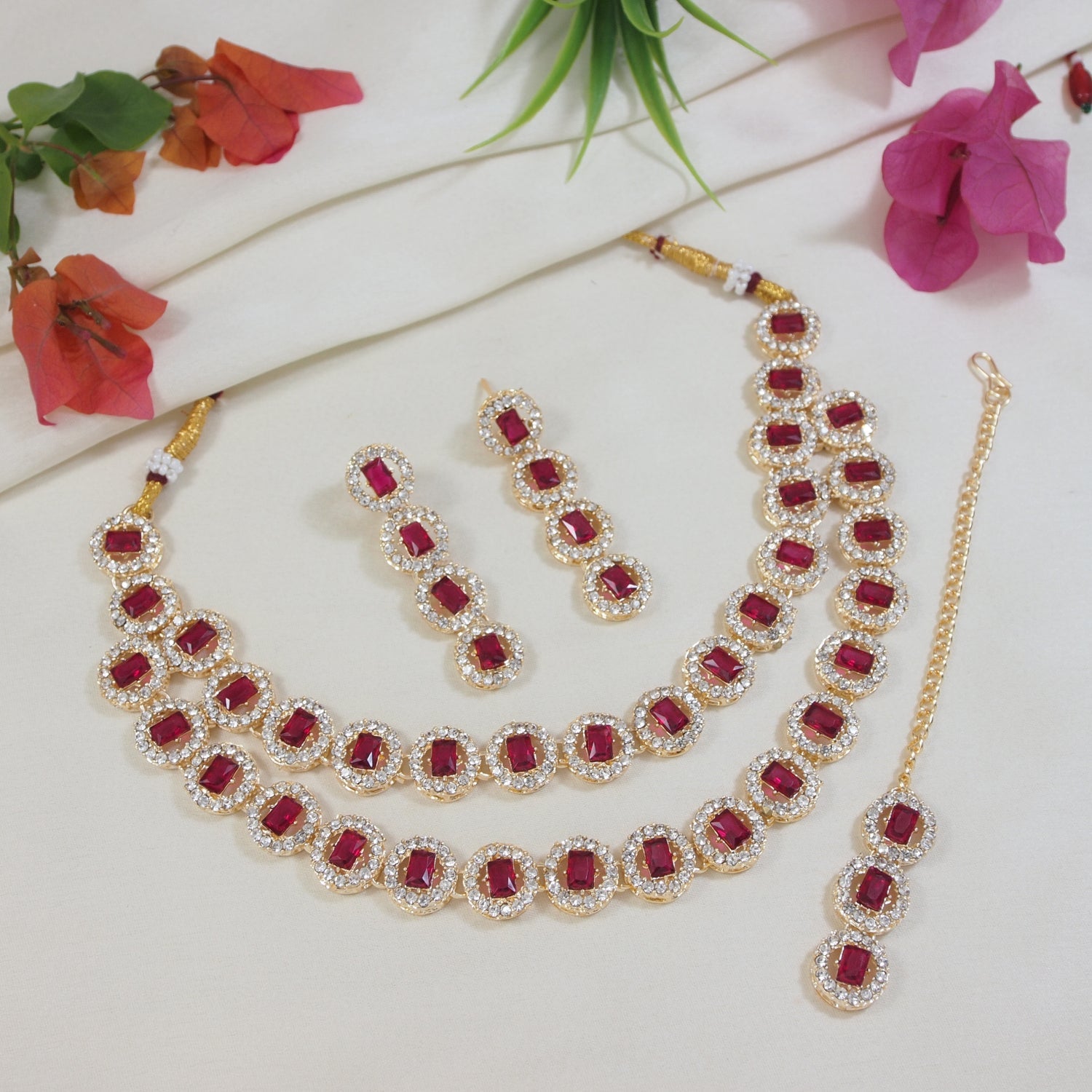 Etnico Gold Plated Stylish Design Crystal Diamond Multi Layer Necklace With Earrings & Maang Tikka Jewellery Set for Women (IJ403Q)