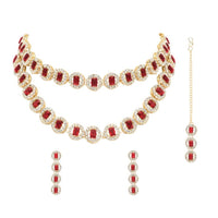 Etnico Gold Plated Stylish Design Crystal Diamond Multi Layer Necklace With Earrings & Maang Tikka Jewellery Set for Women (IJ403Q)