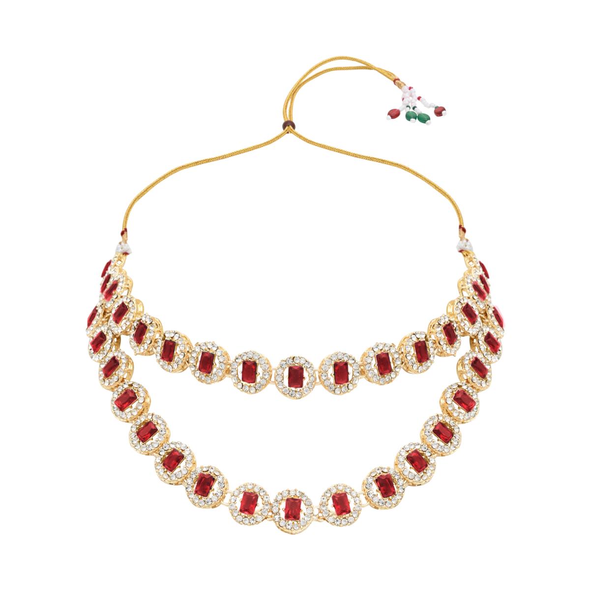 Etnico Gold Plated Stylish Design Crystal Diamond Multi Layer Necklace With Earrings & Maang Tikka Jewellery Set for Women (IJ403Q)