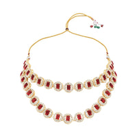 Etnico Gold Plated Stylish Design Crystal Diamond Multi Layer Necklace With Earrings & Maang Tikka Jewellery Set for Women (IJ403Q)