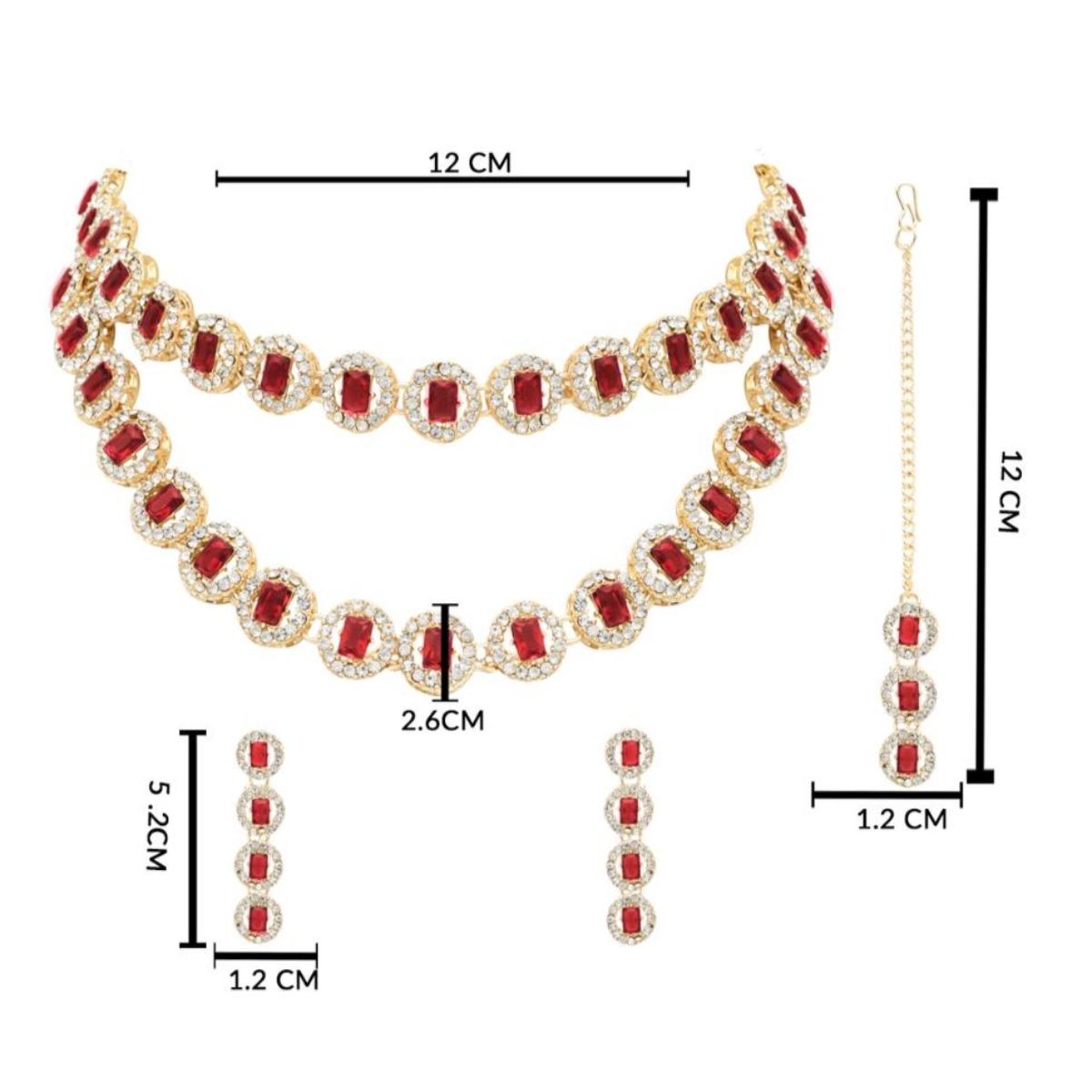 Etnico Gold Plated Stylish Design Crystal Diamond Multi Layer Necklace With Earrings & Maang Tikka Jewellery Set for Women (IJ403Q)