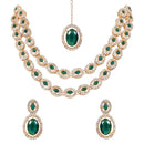 Etnico Gold Plated Stylish Design Crystal Diamond Oval Shape Necklace With Earrings & Maang Tikka Jewellery Set for Women (IJ405M)