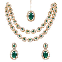 Etnico Gold Plated Stylish Design Crystal Diamond Oval Shape Necklace With Earrings & Maang Tikka Jewellery Set for Women (IJ405M)