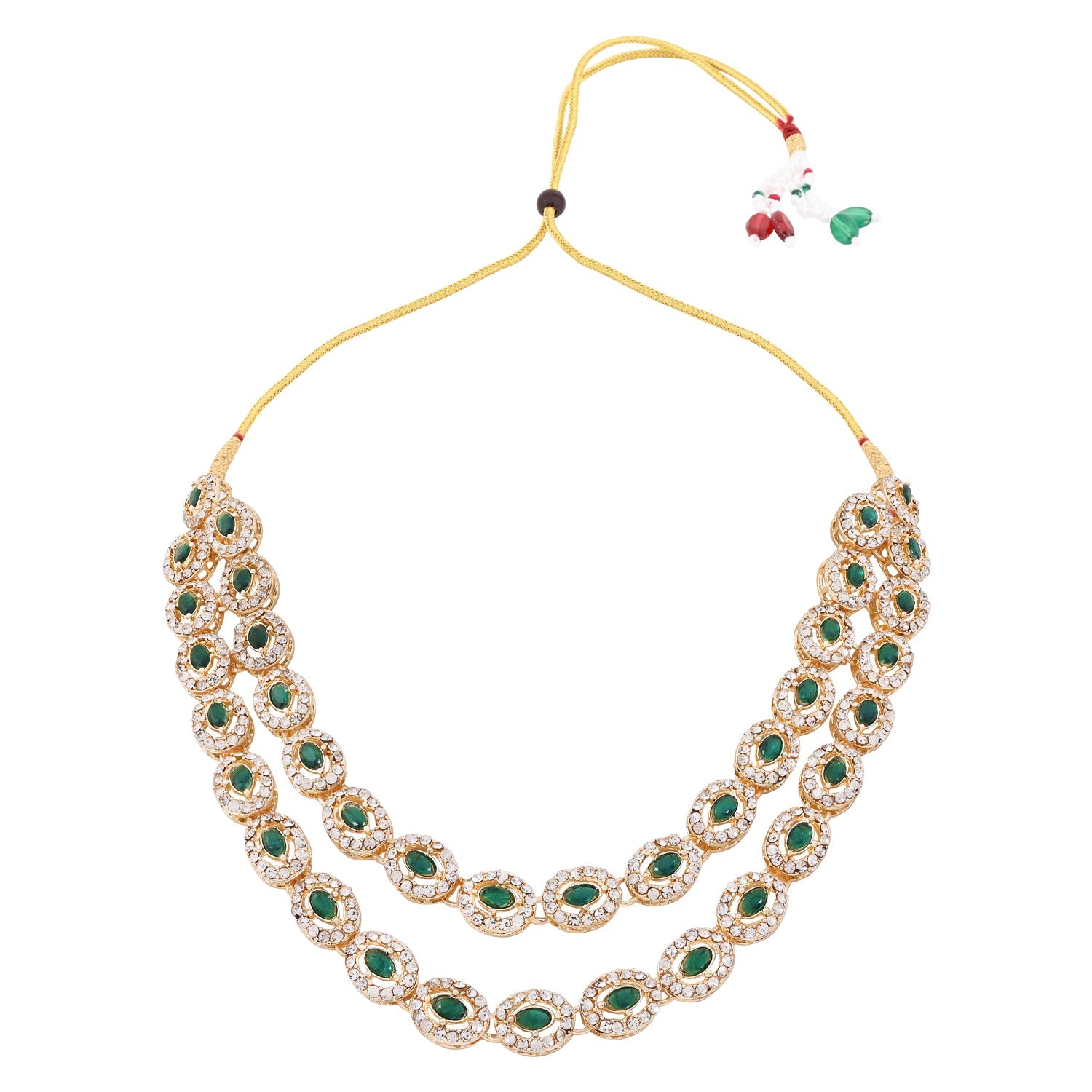 Etnico Gold Plated Stylish Design Crystal Diamond Oval Shape Necklace With Earrings & Maang Tikka Jewellery Set for Women (IJ405M)