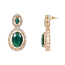 Etnico Gold Plated Stylish Design Crystal Diamond Oval Shape Necklace With Earrings & Maang Tikka Jewellery Set for Women (IJ405M)