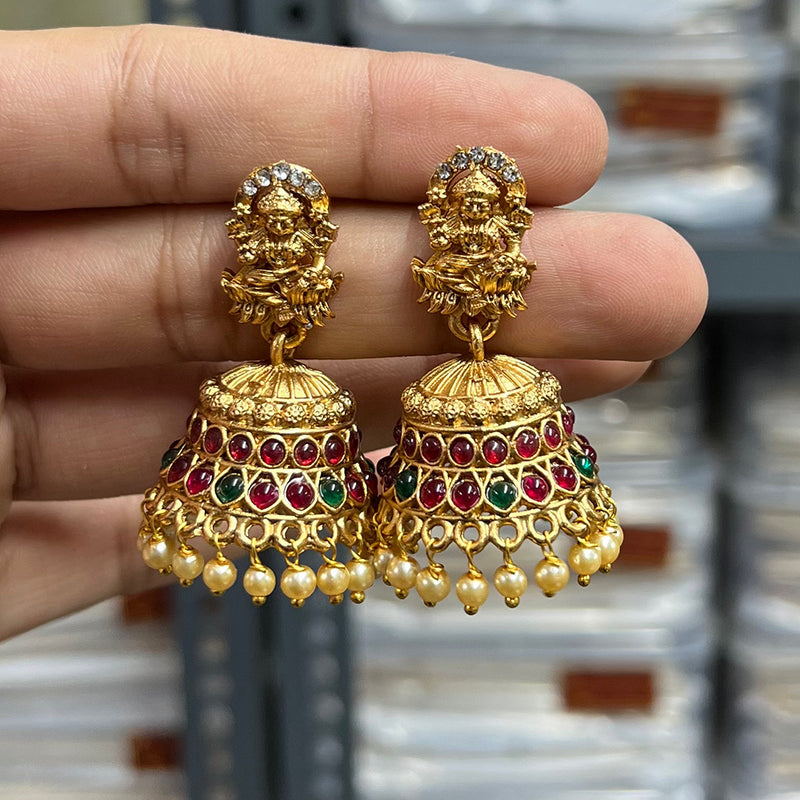 Diksha Collection Gold Plated Pota Stone Temple Jhumki Earrings