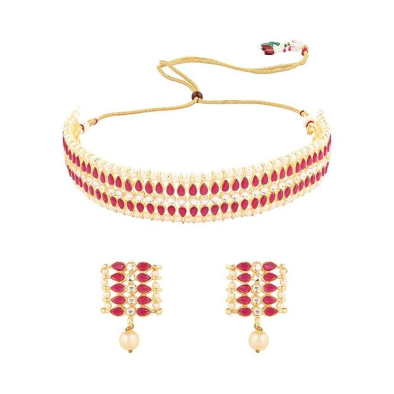 Etnico Gold Plated Traditional Kundan Pearl Choker Necklace Jewellery Set For Women And Girls (K7209) (Rani Pink)