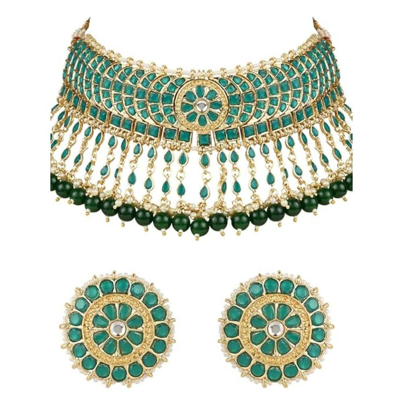 Etnico Gold Plated Traditional Kundan & Pearl Studded Choker Necklace Set For Women/Girls (K7210) (Full Green)