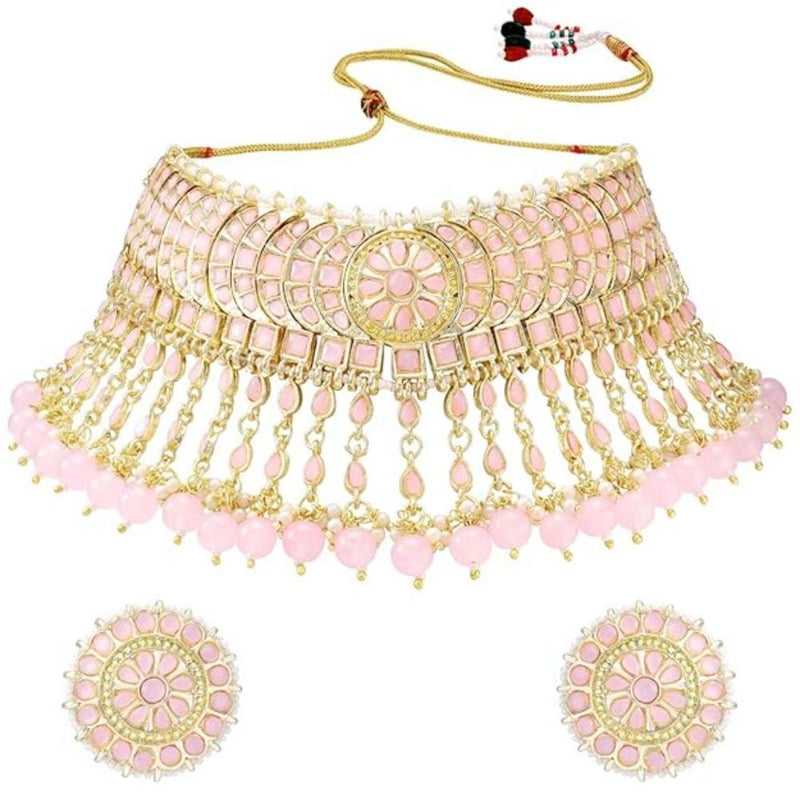 Etnico Gold Plated Traditional Kundan & Pearl Studded Choker Necklace Set For Women/Girls (K7210) (Full Pink)