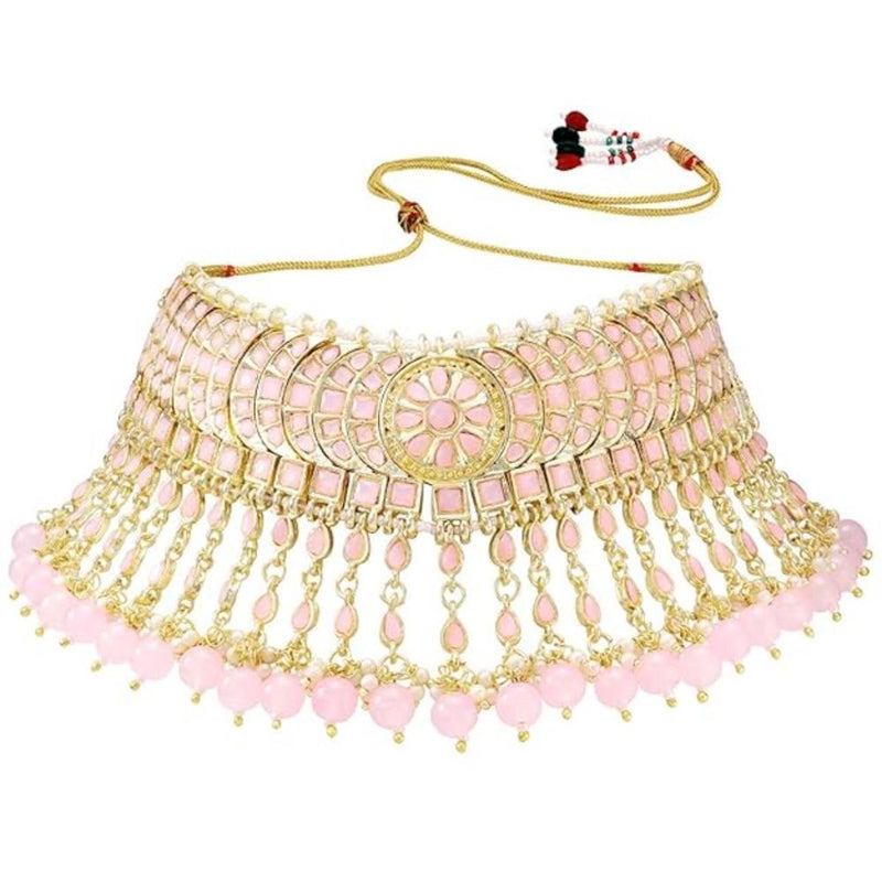 Etnico Gold Plated Traditional Kundan & Pearl Studded Choker Necklace Set For Women/Girls (K7210) (Full Pink)