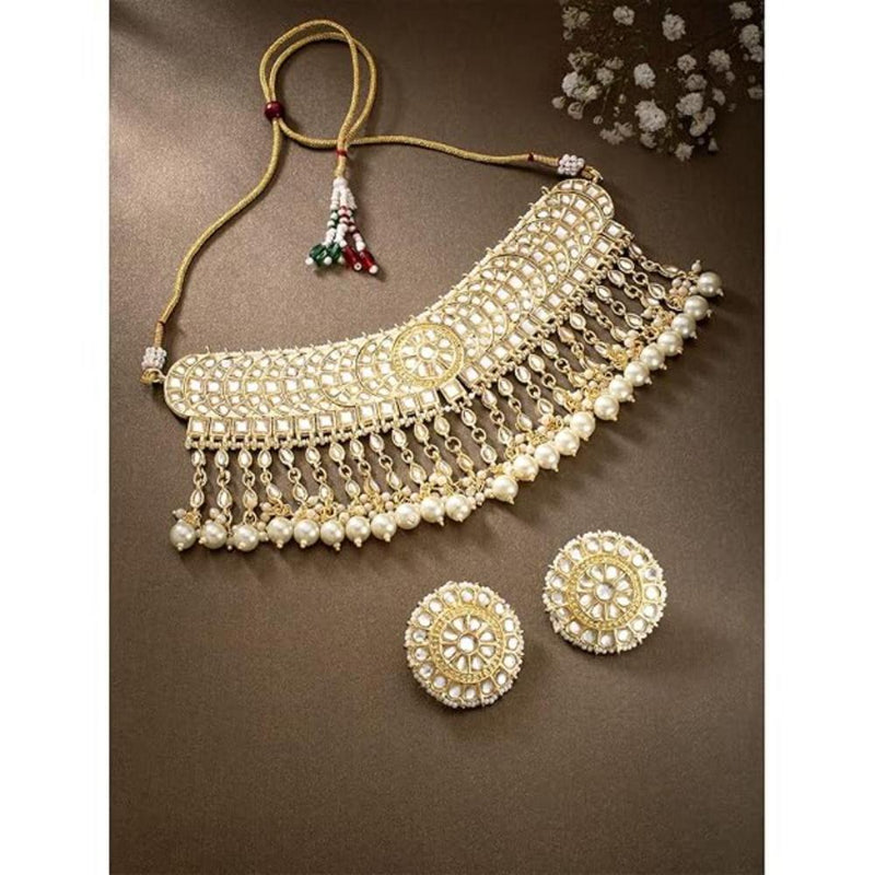 Etnico Gold Plated Traditional Kundan & Pearl Studded Bridal Choker Necklace With Round Earrings Jewellery Set For Women (K7210W)