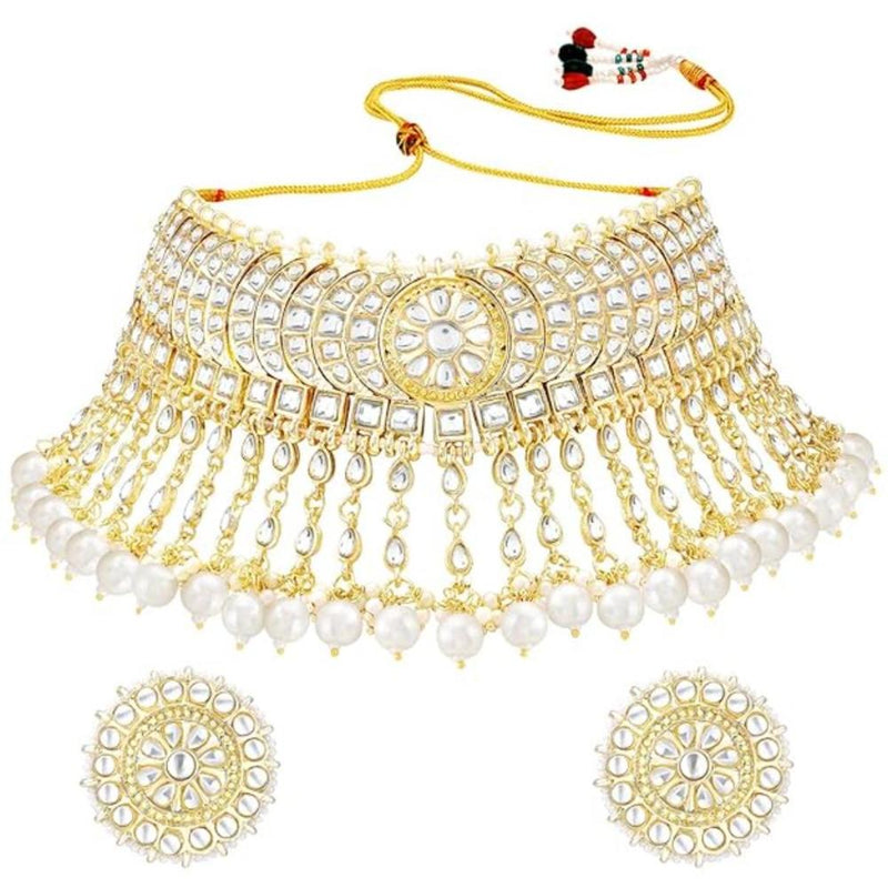 Etnico Gold Plated Traditional Kundan & Pearl Studded Bridal Choker Necklace With Round Earrings Jewellery Set For Women (K7210W)