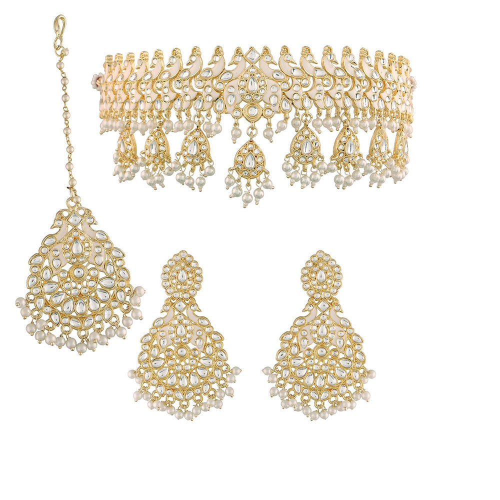 Etnico Gold Plated Traditional Meenakari Kundan & Pearl Studded Choker Necklace Jewellery Set For Women (K7212W)