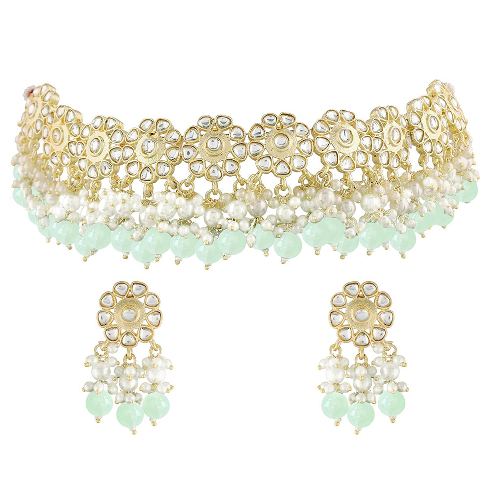 Etnico Gold Plated Traditional Kundan & Pearl Studded Choker Necklace Set For Women/Girls (K7213Min)