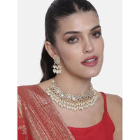 Etnico Gold Plated Traditional Kundan & Pearl Studded Choker Necklace Set For Women/Girls (K7213WH)