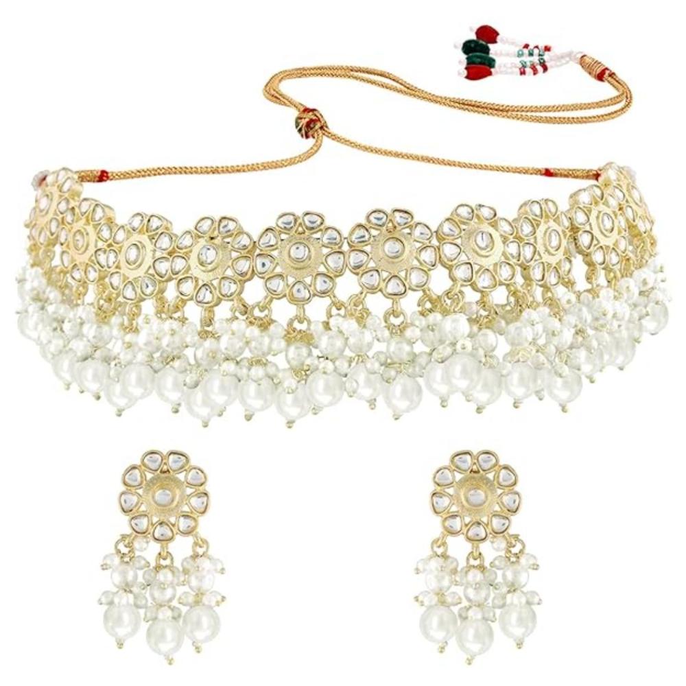 Etnico Gold Plated Traditional Kundan & Pearl Studded Choker Necklace Set For Women/Girls (K7213WH)