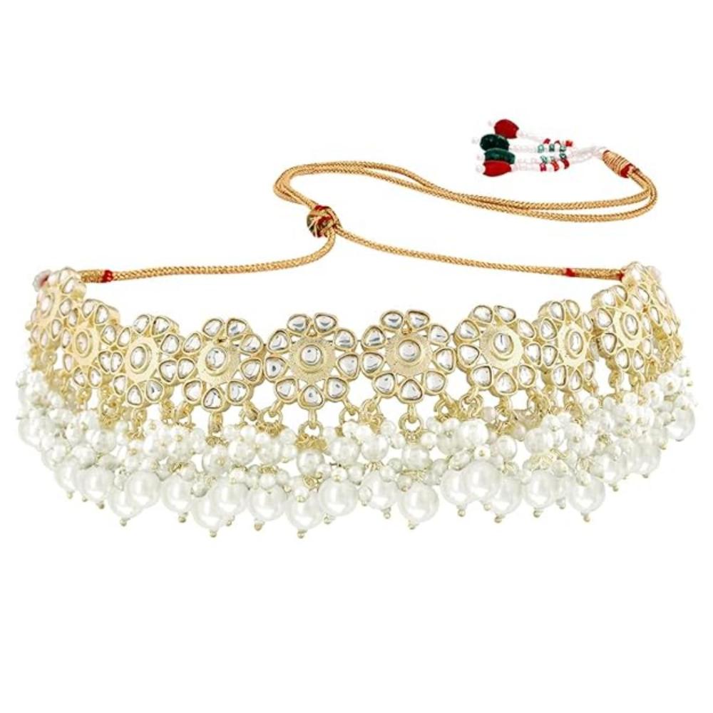 Etnico Gold Plated Traditional Kundan & Pearl Studded Choker Necklace Set For Women/Girls (K7213WH)