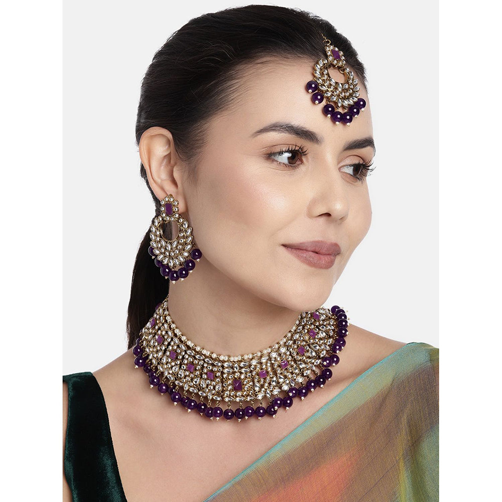 Etnico Gold Plated Traditional Pearl Kundan Studded Choker Jewellery Necklace Set with Maang Tikka for Women (K7218Pu)