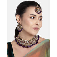 Etnico Gold Plated Traditional Pearl Kundan Studded Choker Jewellery Necklace Set with Maang Tikka for Women (K7218Pu)