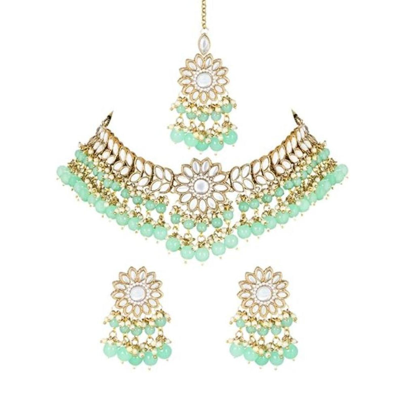 Etnico 18K Gold Plated Traditional Kundan Studded Mint Pearl Hanging Choker Necklace Jewellery Set With Earrings & Maang Tikka For Women & Girls (K7232Min)