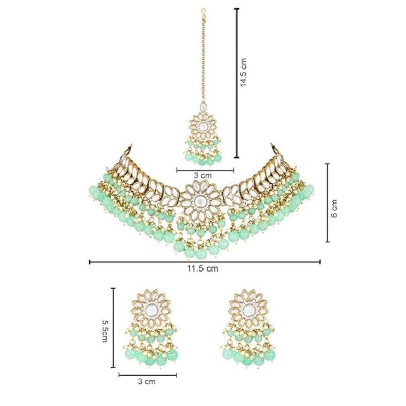 Etnico 18K Gold Plated Traditional Kundan Studded Mint Pearl Hanging Choker Necklace Jewellery Set With Earrings & Maang Tikka For Women & Girls (K7232Min)